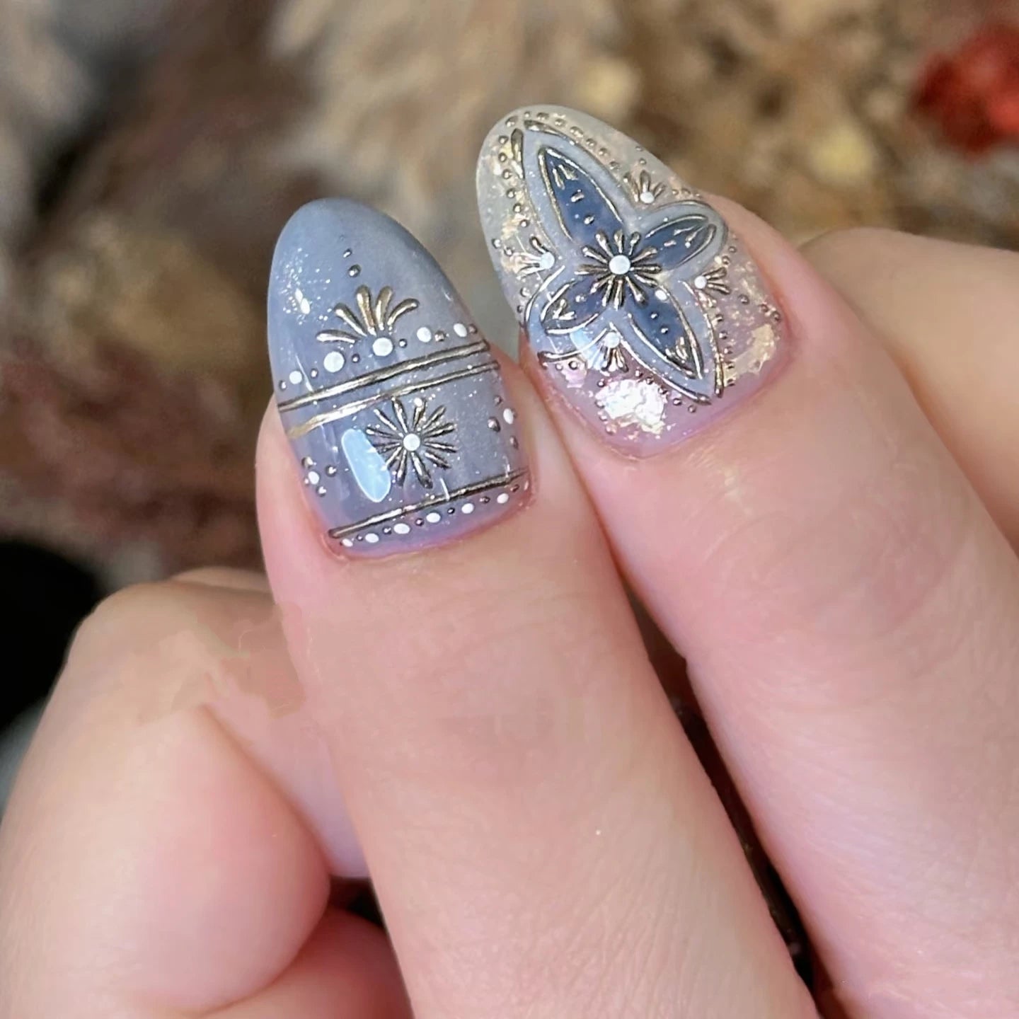Bohemian style handmade nails, cool dark style brick manicure