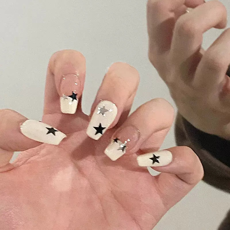 Milk white black five-pointed star manicure wearable ins style high-end white student nail patch removable