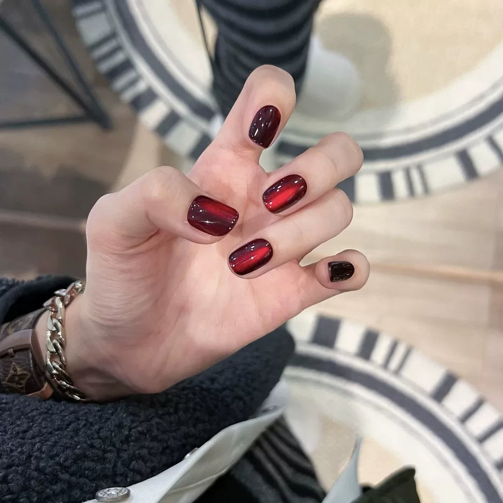 Pigeon Blood Red Purely Handmade Wearable Nails Red Cat Eye Manicure New Year's Wearable Nails Short Style Wearable Nails