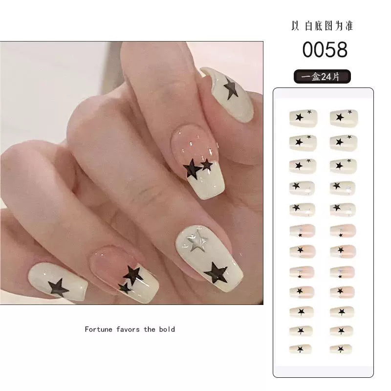 Milk white black five-pointed star manicure wearable ins style high-end white student nail patch removable