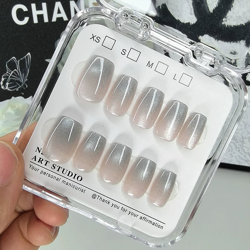 Light Blue Phantom Nail Art Patch Whitening Wearable Nails High-end Nail Patch Short Style Handmade Nails Cat's Eye Jelly Glue
