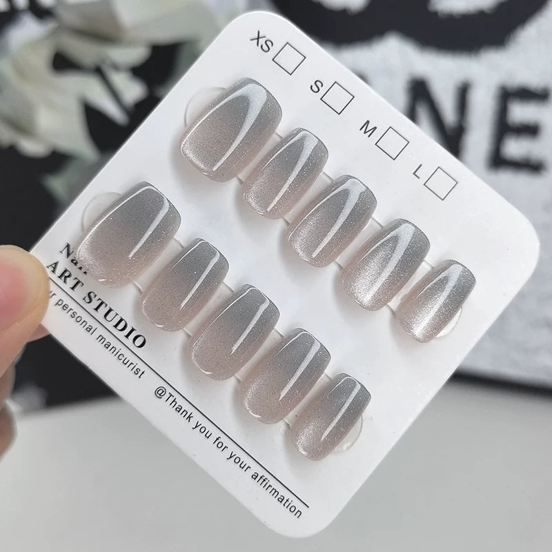 Light Blue Phantom Nail Art Patch Whitening Wearable Nails High-end Nail Patch Short Style Handmade Nails Cat's Eye Jelly Glue