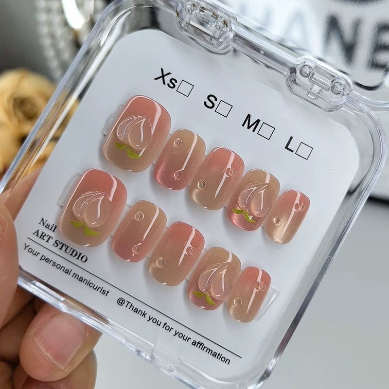Wear nails 2026 new high-end ice-permeable peach handmade nails cat-eye whitening removable manicure patches
