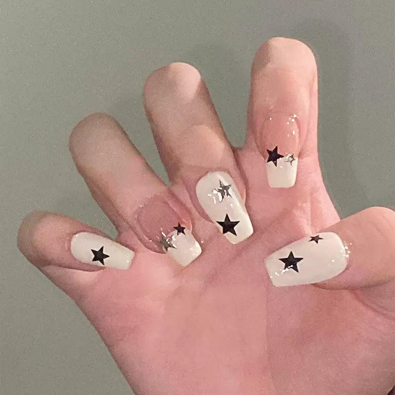 Milk white black five-pointed star manicure wearable ins style high-end white student nail patch removable