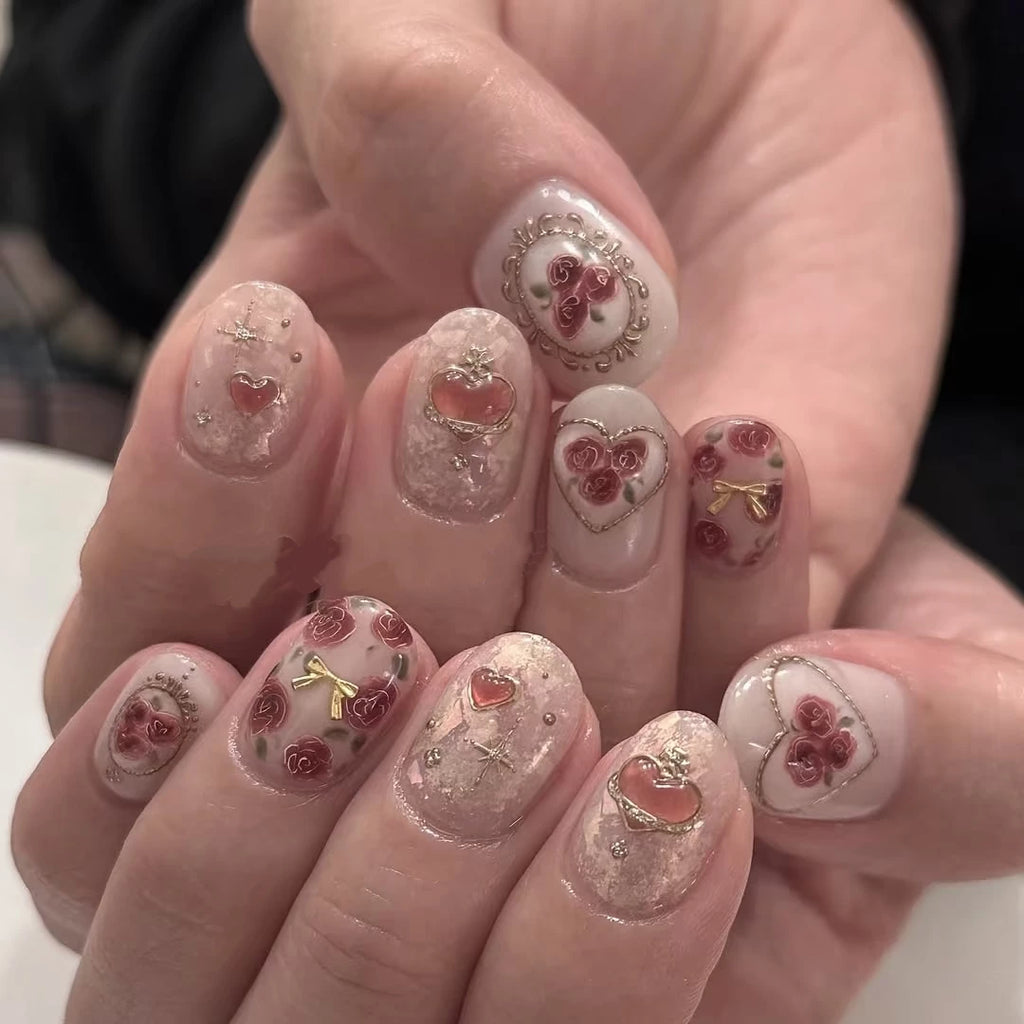 Rococo retro handmade wearable nails white short painted rose manicure