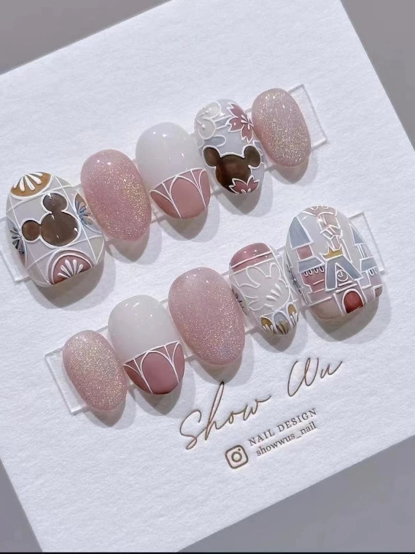 Hand-painted short 3D color-blocked nail art with removable false nails