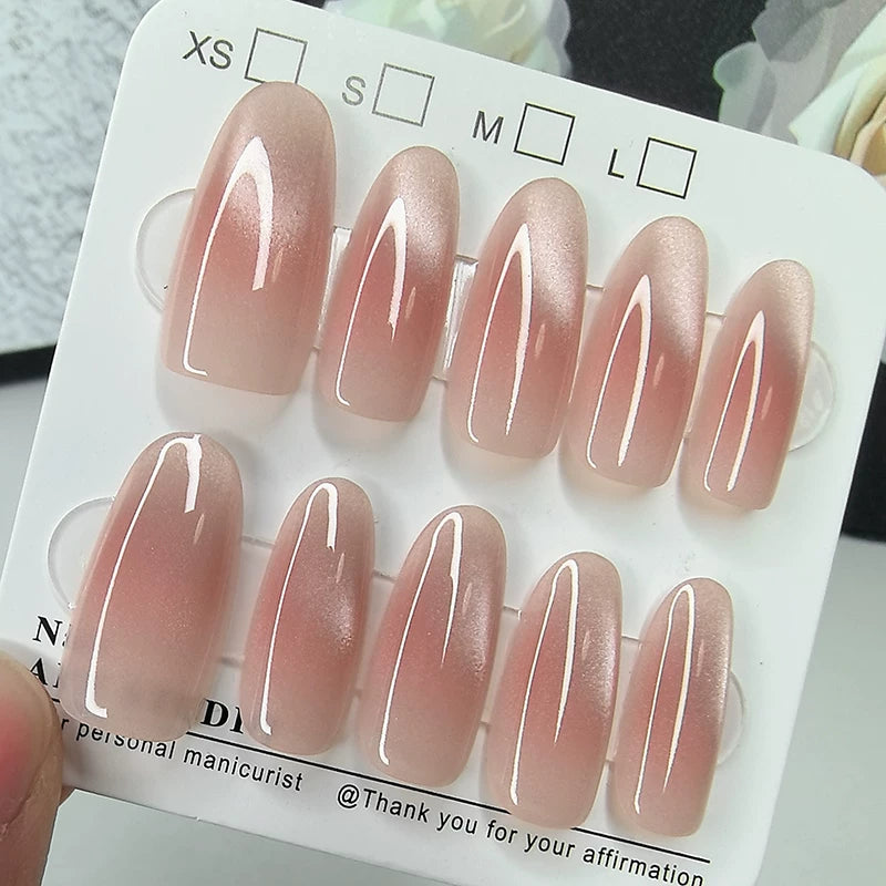 (Long or short optional) Wearable Nail Art Stickers 2026 Handmade Cat Eye Blush Fingertip Wearable Nail Stickers