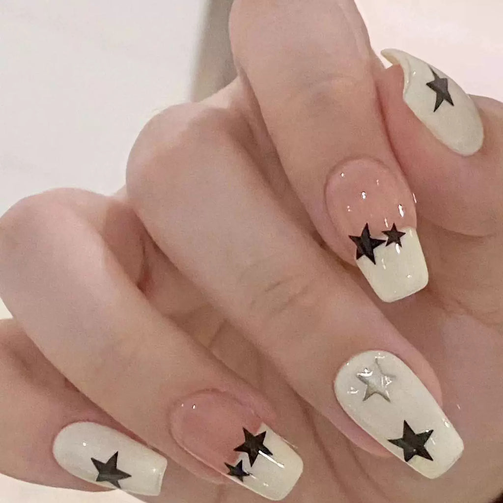 Milk white black five-pointed star manicure wearable ins style high-end white student nail patch removable