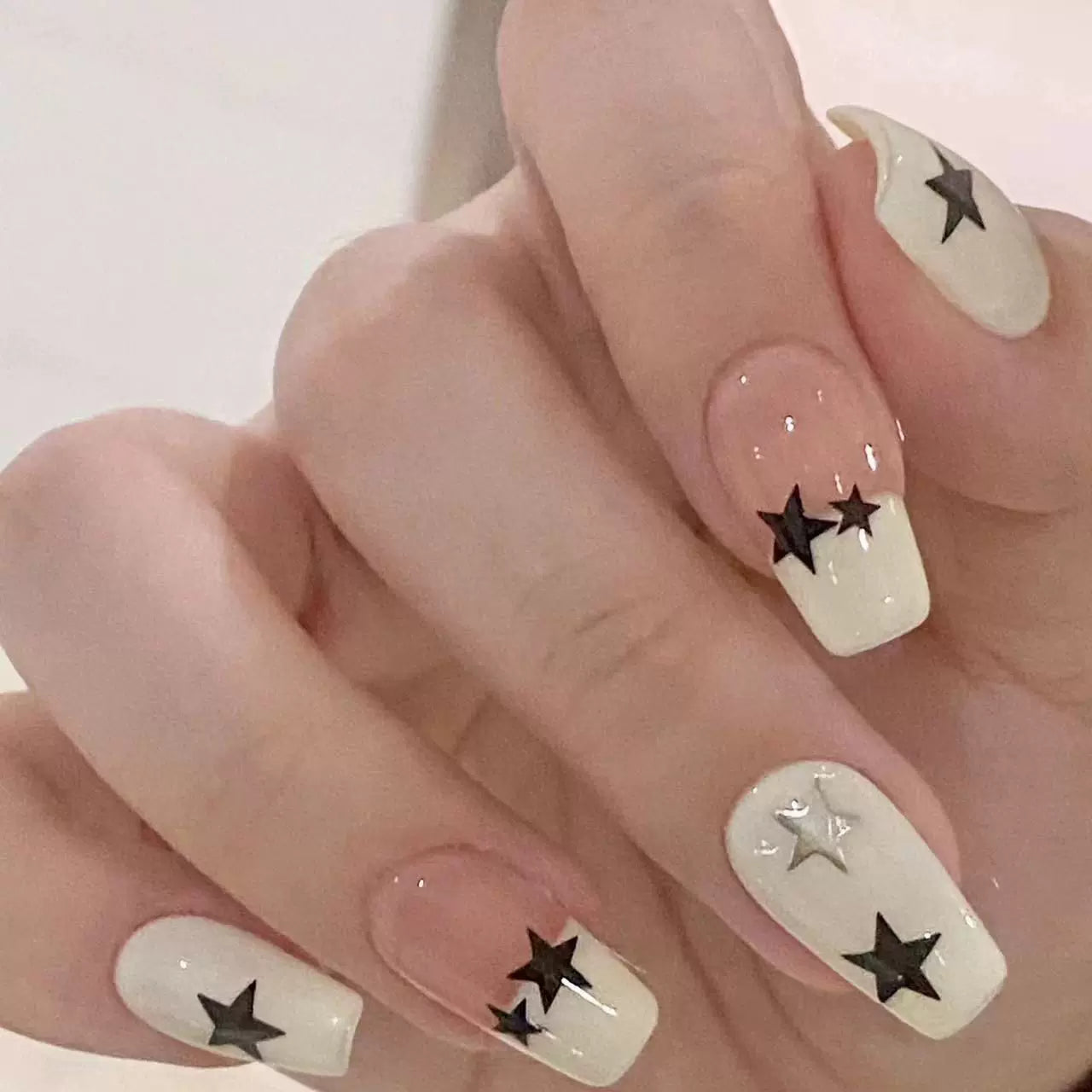 Milk white black five-pointed star manicure wearable ins style high-end white student nail patch removable