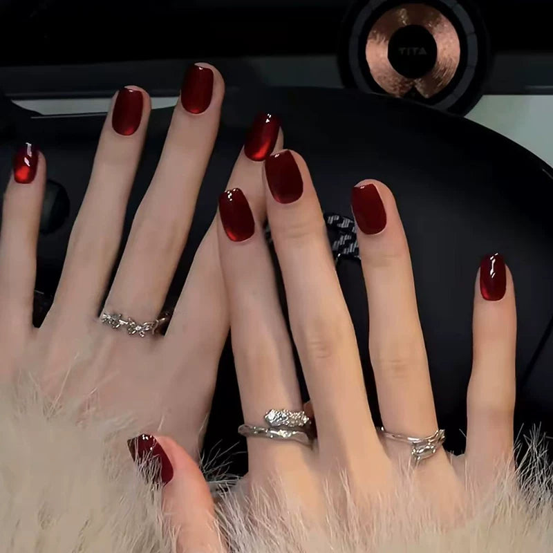 Pigeon Blood Red Purely Handmade Wearable Nails Red Cat Eye Manicure New Year's Wearable Nails Short Style Wearable Nails