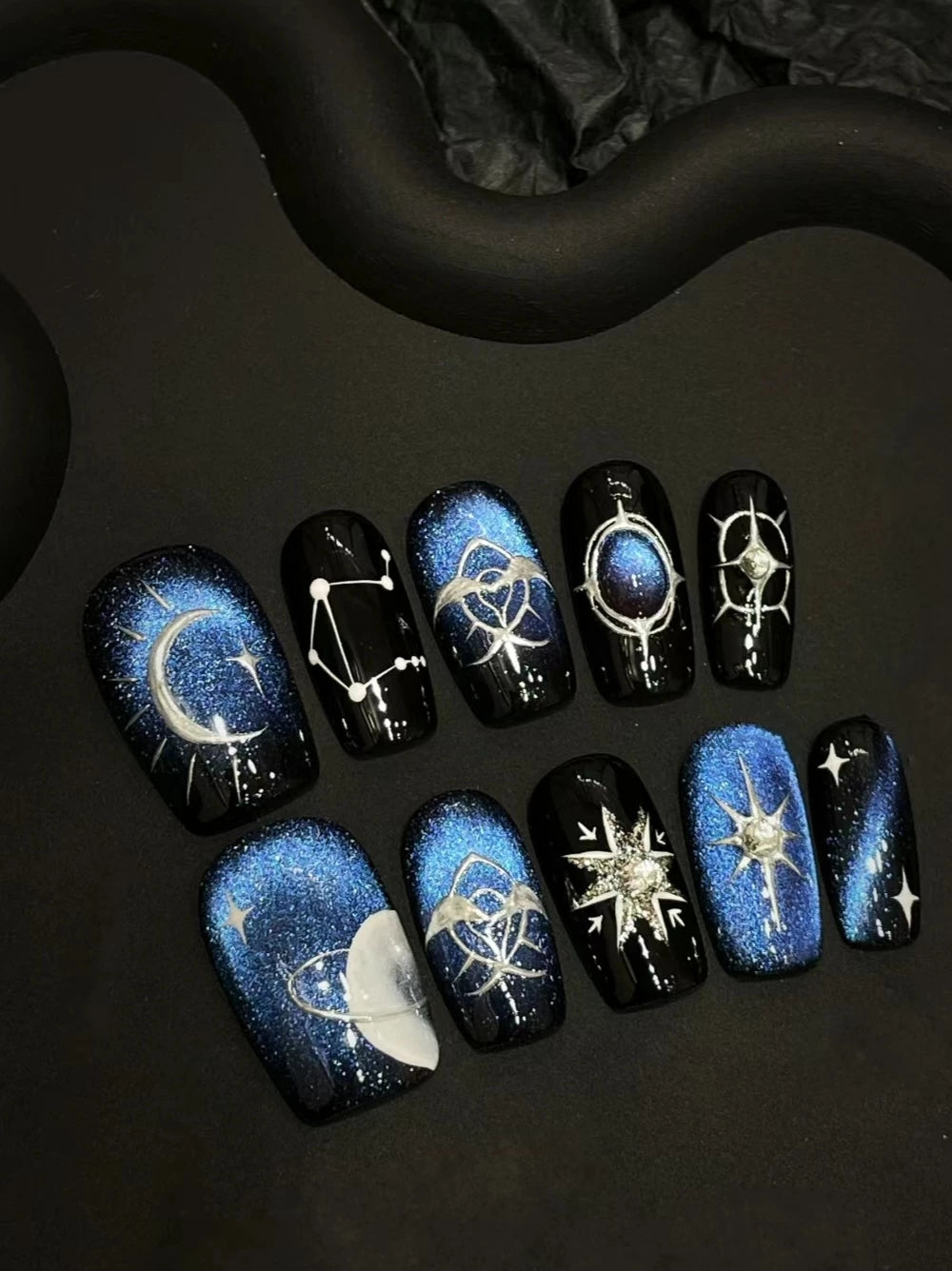 High-end black and blue handmade wearable nail art