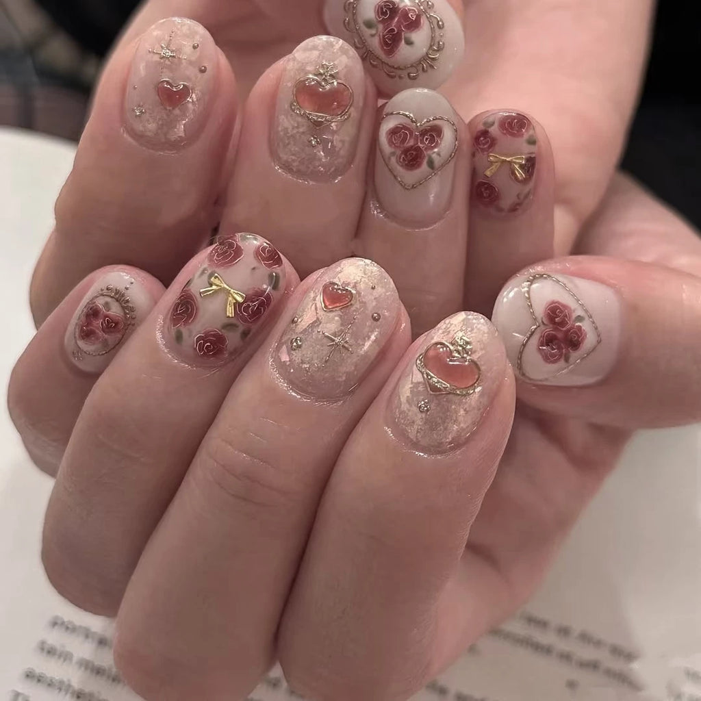 Rococo retro handmade wearable nails white short painted rose manicure