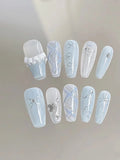 Ins style cute handmade wearable nails small fresh blue manicure removable fake nails