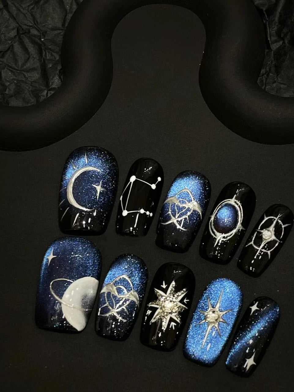 High-end black and blue handmade wearable nail art