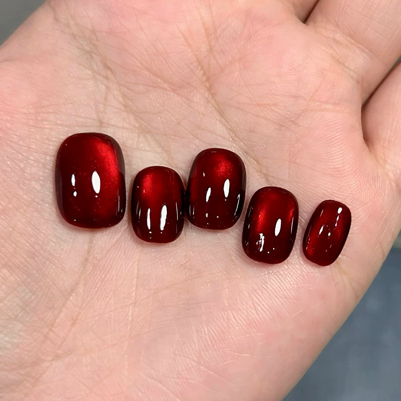 Pigeon Blood Red Purely Handmade Wearable Nails Red Cat Eye Manicure New Year's Wearable Nails Short Style Wearable Nails