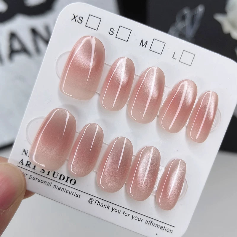 (Long or short optional) Wearable Nail Art Stickers 2026 Handmade Cat Eye Blush Fingertip Wearable Nail Stickers